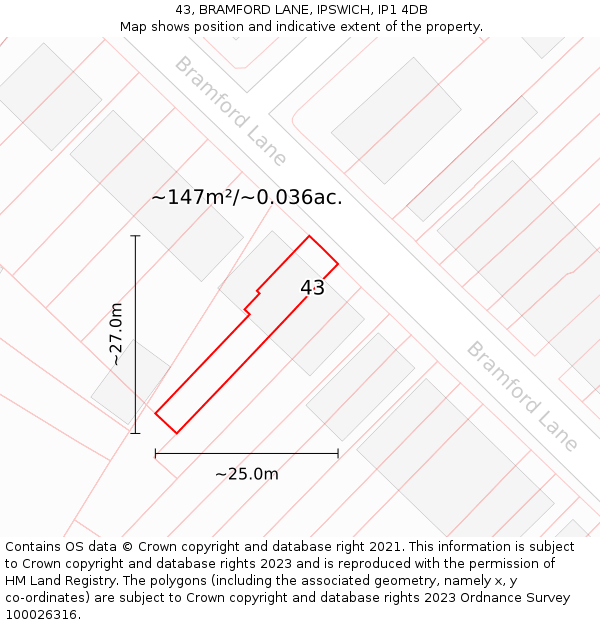 43, BRAMFORD LANE, IPSWICH, IP1 4DB: Plot and title map