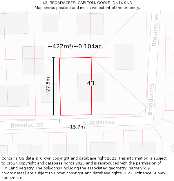 43, BROADACRES, CARLTON, GOOLE, DN14 9ND: Plot and title map