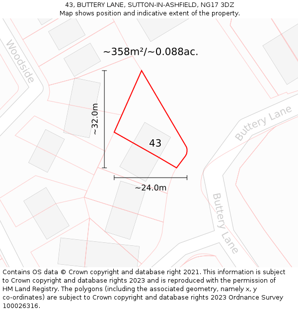 43, BUTTERY LANE, SUTTON-IN-ASHFIELD, NG17 3DZ: Plot and title map