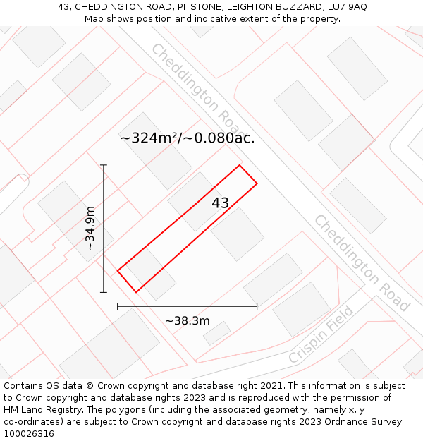 43, CHEDDINGTON ROAD, PITSTONE, LEIGHTON BUZZARD, LU7 9AQ: Plot and title map