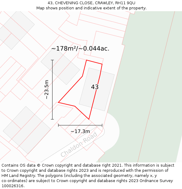 43, CHEVENING CLOSE, CRAWLEY, RH11 9QU: Plot and title map