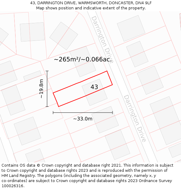 43, DARRINGTON DRIVE, WARMSWORTH, DONCASTER, DN4 9LF: Plot and title map