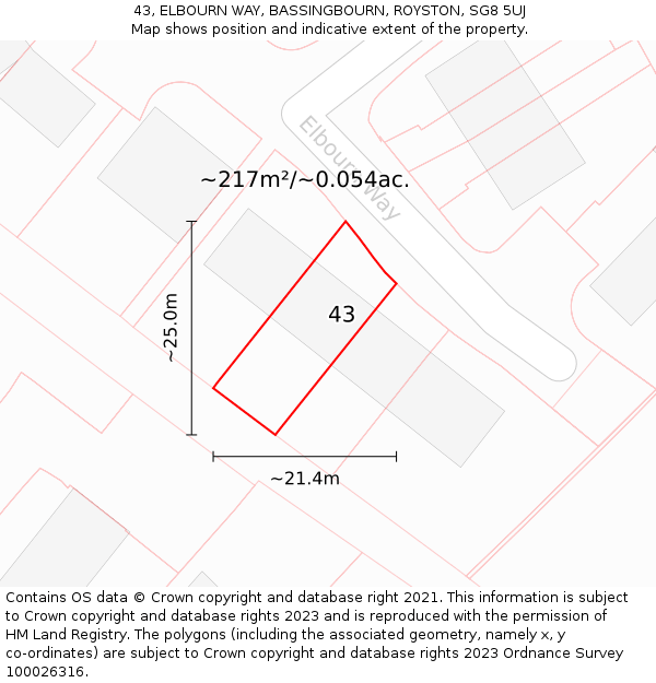 43, ELBOURN WAY, BASSINGBOURN, ROYSTON, SG8 5UJ: Plot and title map