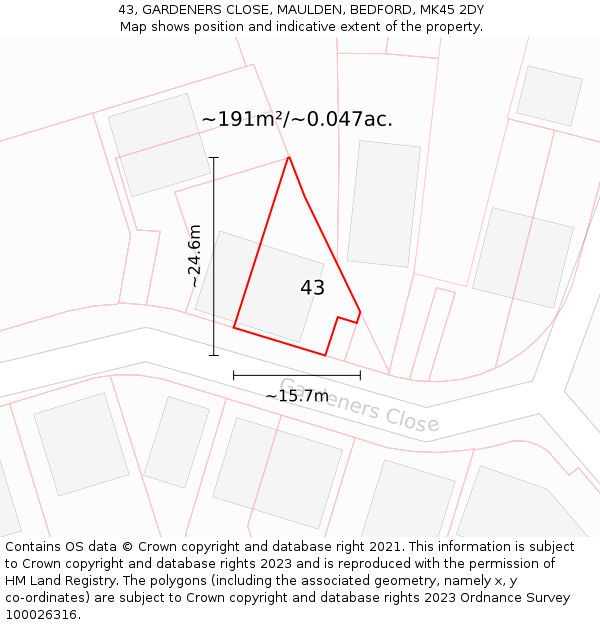 43, GARDENERS CLOSE, MAULDEN, BEDFORD, MK45 2DY: Plot and title map