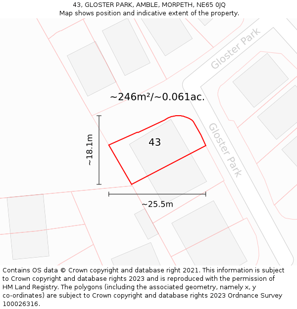 43, GLOSTER PARK, AMBLE, MORPETH, NE65 0JQ: Plot and title map