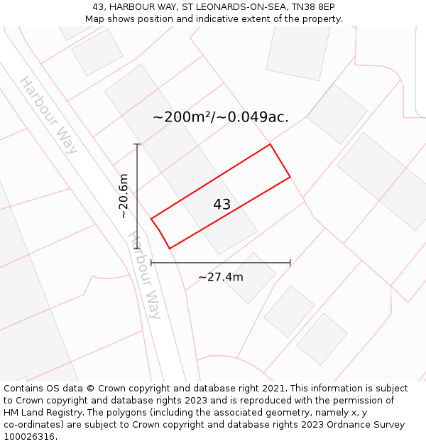 43, HARBOUR WAY, ST LEONARDS-ON-SEA, TN38 8EP: Plot and title map