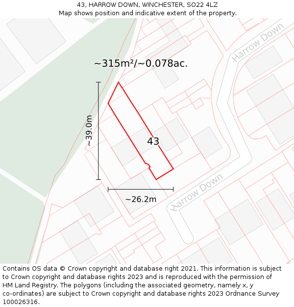 43, HARROW DOWN, WINCHESTER, SO22 4LZ: Plot and title map