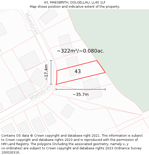 43, MAESBRITH, DOLGELLAU, LL40 1LF: Plot and title map