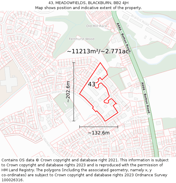 43, MEADOWFIELDS, BLACKBURN, BB2 4JH: Plot and title map