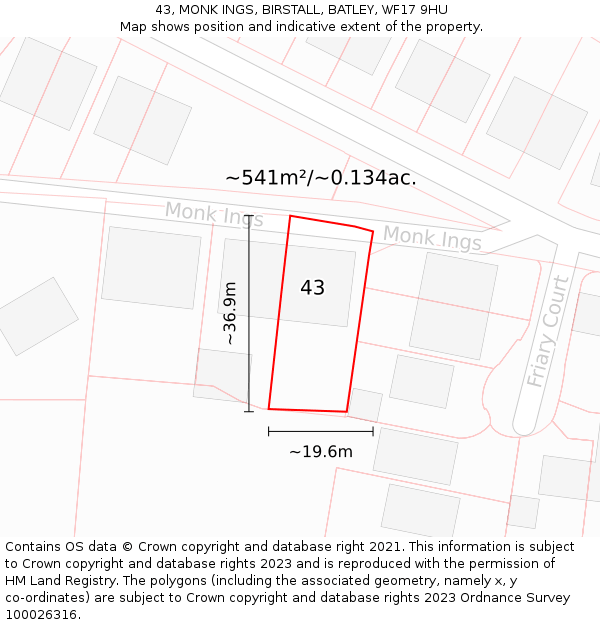 43, MONK INGS, BIRSTALL, BATLEY, WF17 9HU: Plot and title map