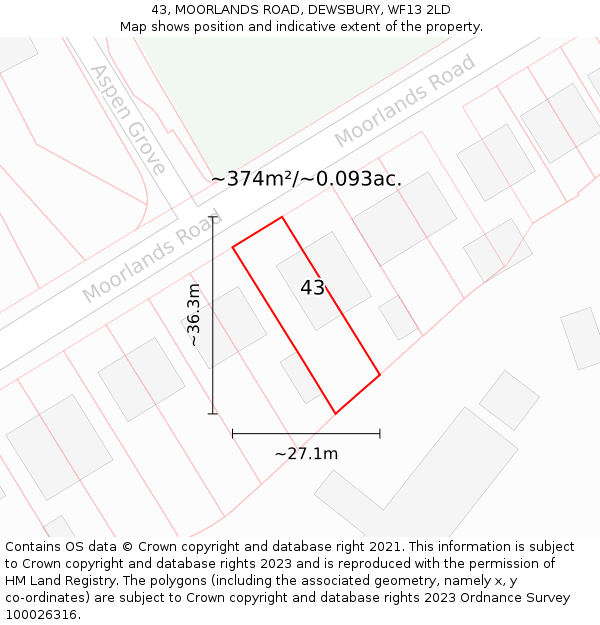 43, MOORLANDS ROAD, DEWSBURY, WF13 2LD: Plot and title map