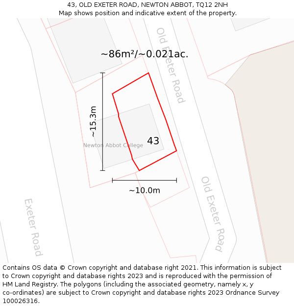 43, OLD EXETER ROAD, NEWTON ABBOT, TQ12 2NH: Plot and title map