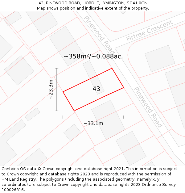 43, PINEWOOD ROAD, HORDLE, LYMINGTON, SO41 0GN: Plot and title map