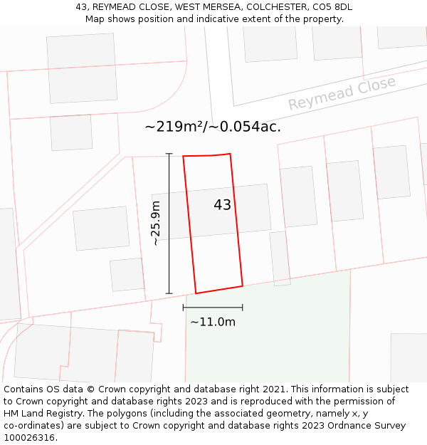 43, REYMEAD CLOSE, WEST MERSEA, COLCHESTER, CO5 8DL: Plot and title map