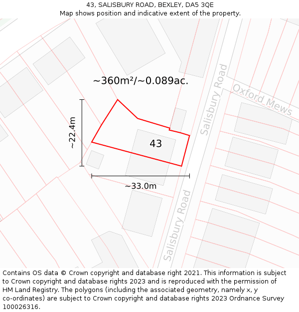 43, SALISBURY ROAD, BEXLEY, DA5 3QE: Plot and title map