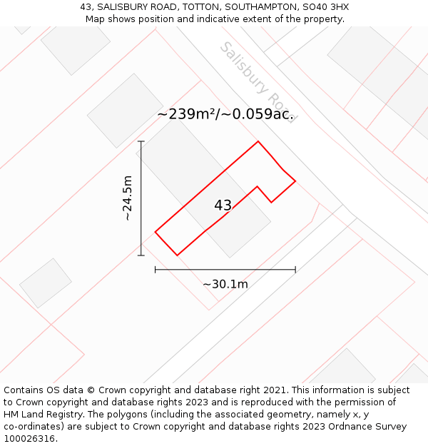 43, SALISBURY ROAD, TOTTON, SOUTHAMPTON, SO40 3HX: Plot and title map