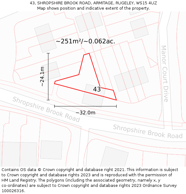 43, SHROPSHIRE BROOK ROAD, ARMITAGE, RUGELEY, WS15 4UZ: Plot and title map