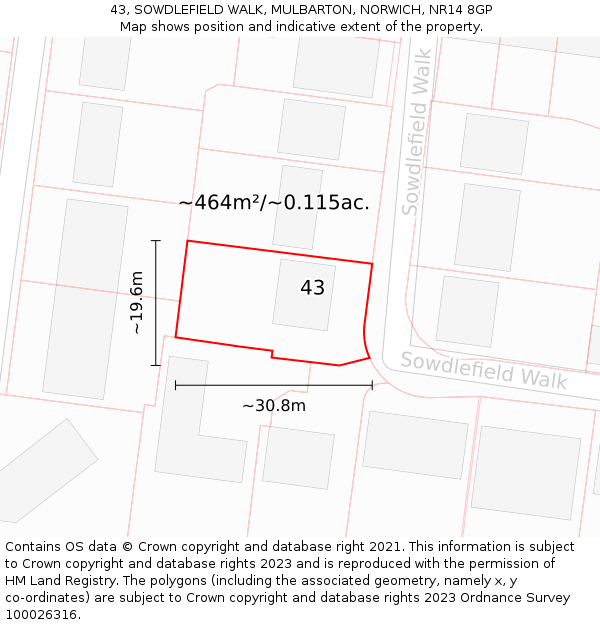 43, SOWDLEFIELD WALK, MULBARTON, NORWICH, NR14 8GP: Plot and title map