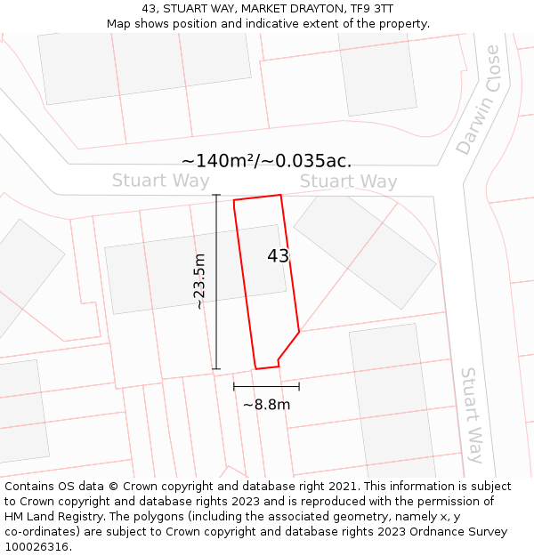 43, STUART WAY, MARKET DRAYTON, TF9 3TT: Plot and title map