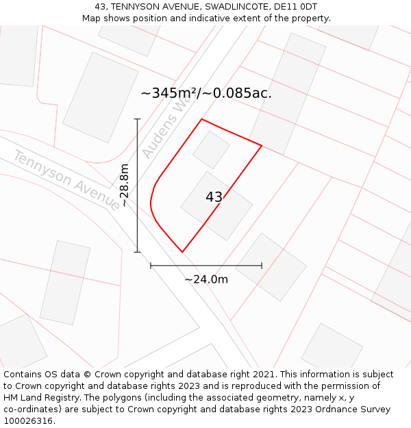 43, TENNYSON AVENUE, SWADLINCOTE, DE11 0DT: Plot and title map