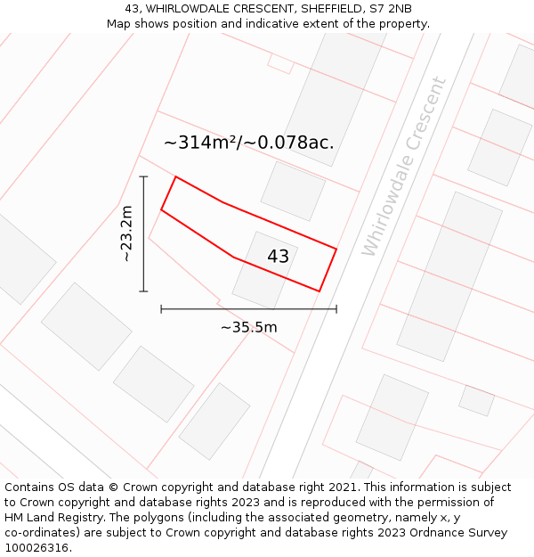 43, WHIRLOWDALE CRESCENT, SHEFFIELD, S7 2NB: Plot and title map