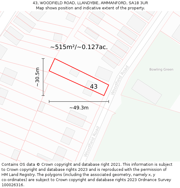 43, WOODFIELD ROAD, LLANDYBIE, AMMANFORD, SA18 3UR: Plot and title map