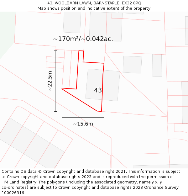 43, WOOLBARN LAWN, BARNSTAPLE, EX32 8PQ: Plot and title map