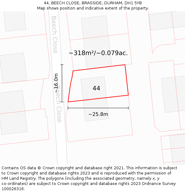 44, BEECH CLOSE, BRASSIDE, DURHAM, DH1 5YB: Plot and title map