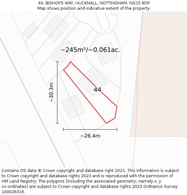 44, BISHOPS WAY, HUCKNALL, NOTTINGHAM, NG15 8DP: Plot and title map