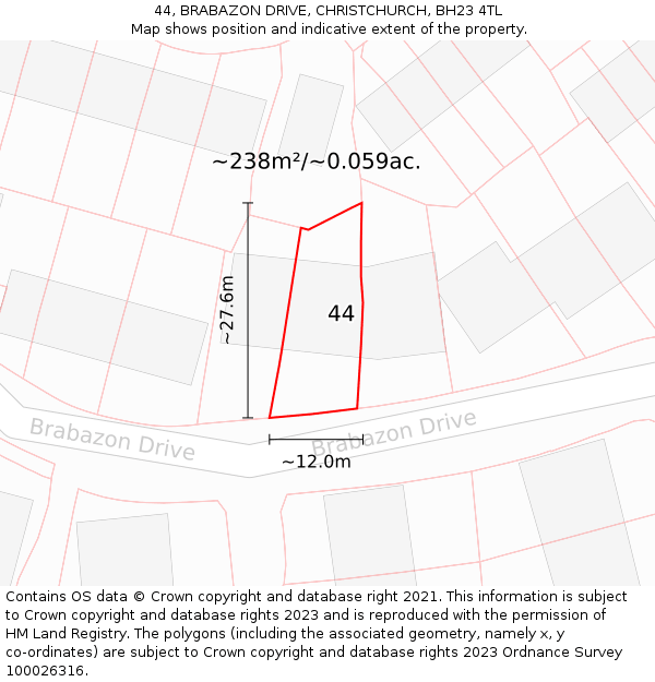 44, BRABAZON DRIVE, CHRISTCHURCH, BH23 4TL: Plot and title map