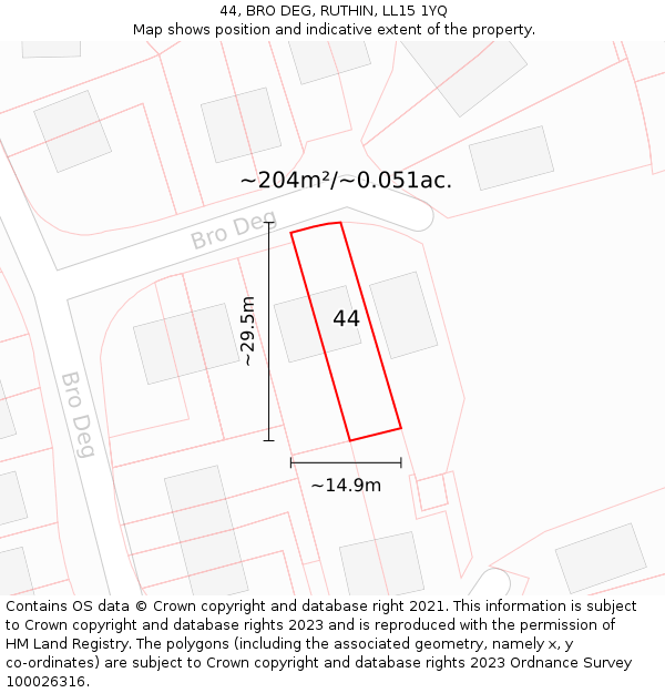 44, BRO DEG, RUTHIN, LL15 1YQ: Plot and title map