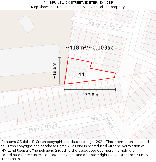 44, BRUNSWICK STREET, EXETER, EX4 1BR: Plot and title map