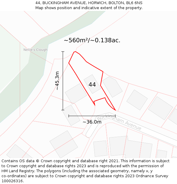 44, BUCKINGHAM AVENUE, HORWICH, BOLTON, BL6 6NS: Plot and title map