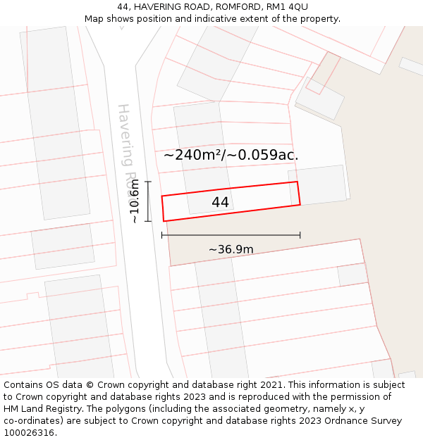 44, HAVERING ROAD, ROMFORD, RM1 4QU: Plot and title map