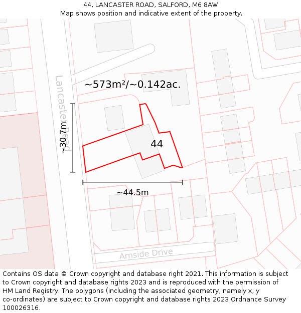 44, LANCASTER ROAD, SALFORD, M6 8AW: Plot and title map