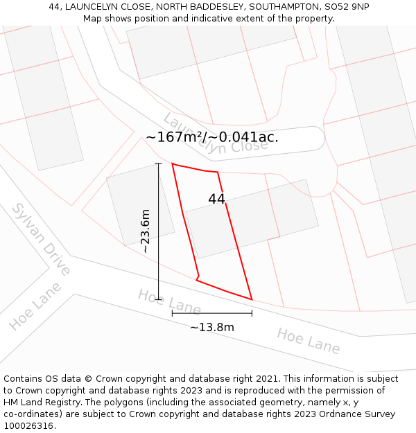 44, LAUNCELYN CLOSE, NORTH BADDESLEY, SOUTHAMPTON, SO52 9NP: Plot and title map