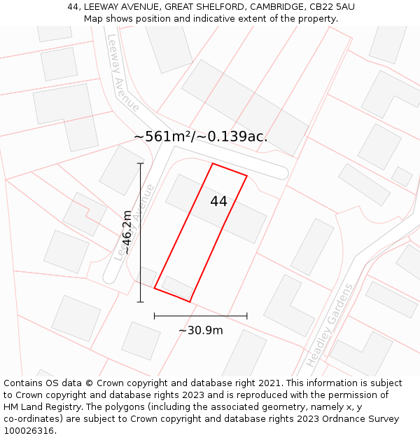 44, LEEWAY AVENUE, GREAT SHELFORD, CAMBRIDGE, CB22 5AU: Plot and title map