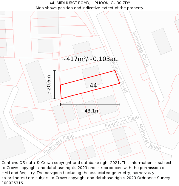 44, MIDHURST ROAD, LIPHOOK, GU30 7DY: Plot and title map