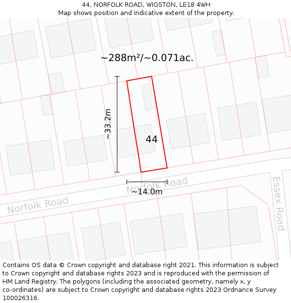 44, NORFOLK ROAD, WIGSTON, LE18 4WH: Plot and title map