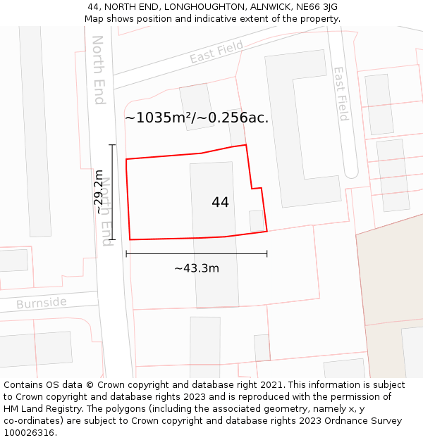 44, NORTH END, LONGHOUGHTON, ALNWICK, NE66 3JG: Plot and title map