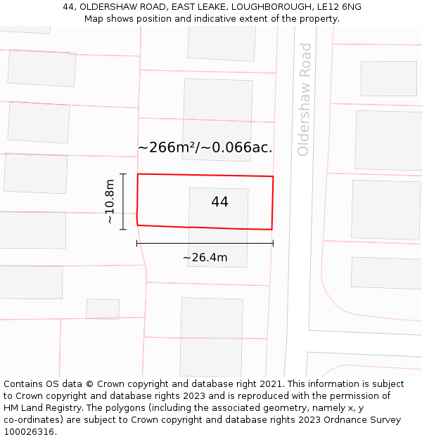 44, OLDERSHAW ROAD, EAST LEAKE, LOUGHBOROUGH, LE12 6NG: Plot and title map