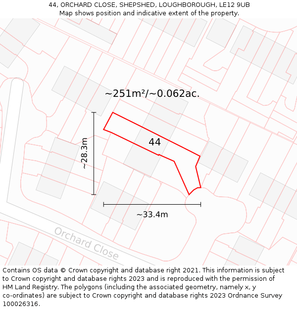 44, ORCHARD CLOSE, SHEPSHED, LOUGHBOROUGH, LE12 9UB: Plot and title map