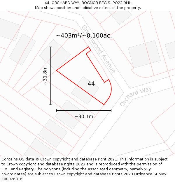 44, ORCHARD WAY, BOGNOR REGIS, PO22 9HL: Plot and title map