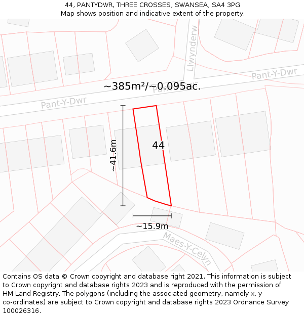 44, PANTYDWR, THREE CROSSES, SWANSEA, SA4 3PG: Plot and title map