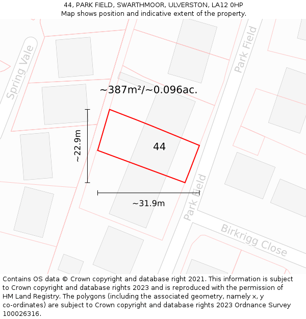 44, PARK FIELD, SWARTHMOOR, ULVERSTON, LA12 0HP: Plot and title map