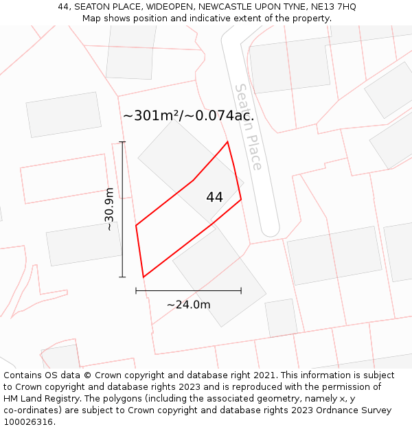 44, SEATON PLACE, WIDEOPEN, NEWCASTLE UPON TYNE, NE13 7HQ: Plot and title map