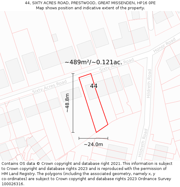 44, SIXTY ACRES ROAD, PRESTWOOD, GREAT MISSENDEN, HP16 0PE: Plot and title map
