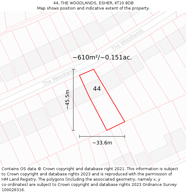 44, THE WOODLANDS, ESHER, KT10 8DB: Plot and title map