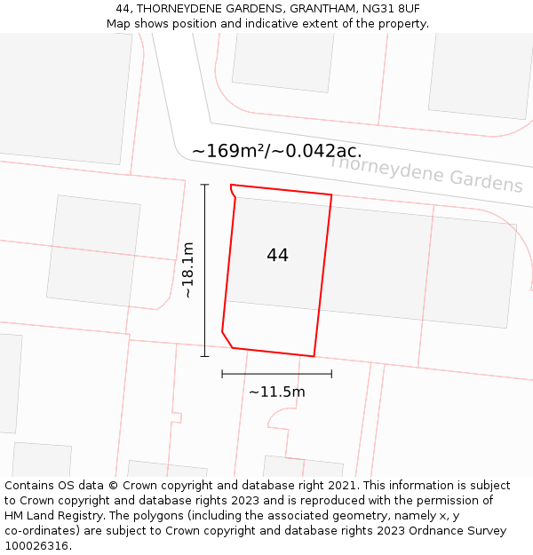 44, THORNEYDENE GARDENS, GRANTHAM, NG31 8UF: Plot and title map