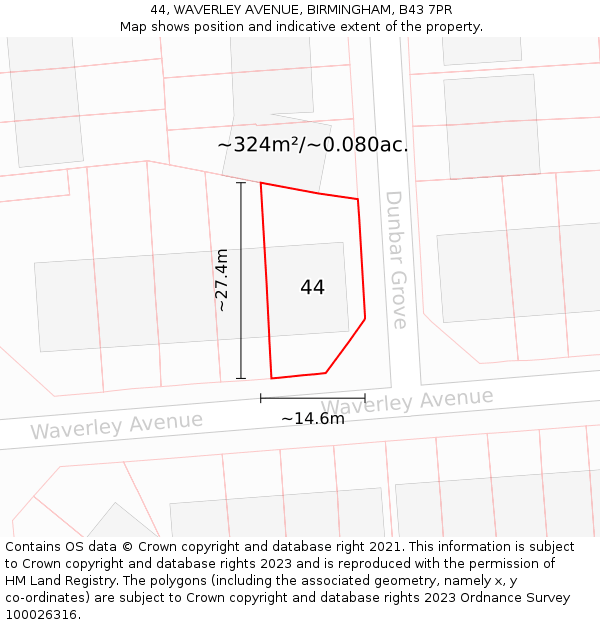 44, WAVERLEY AVENUE, BIRMINGHAM, B43 7PR: Plot and title map